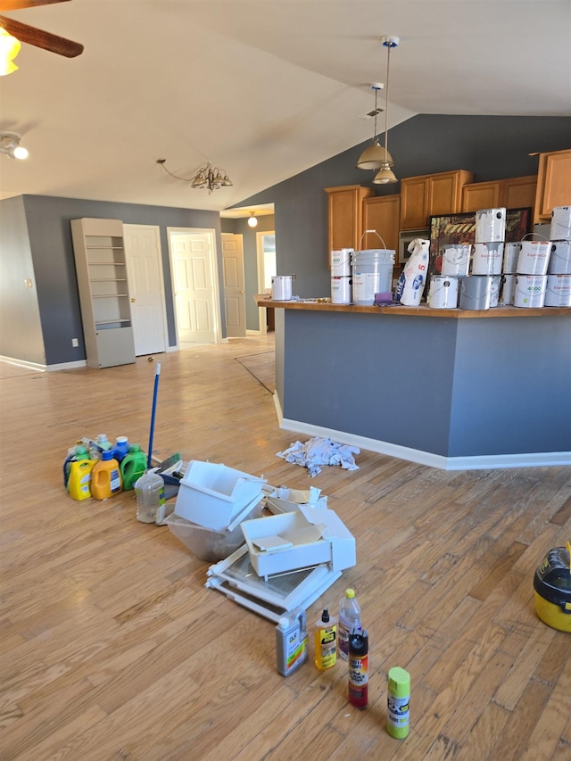 interior space with lofted ceiling, light hardwood / wood-style flooring, and ceiling fan