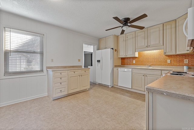 kitchen featuring ceiling fan, white appliances, sink, and a textured ceiling