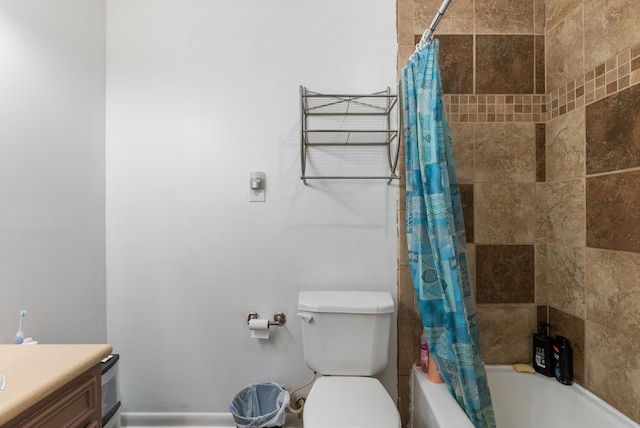 full bathroom with vanity, shower / bath combination with curtain, and toilet