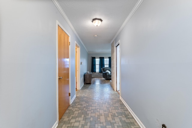 corridor with ornamental molding and a textured ceiling