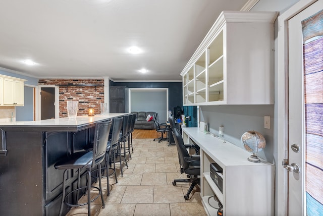 tiled office space with ornamental molding