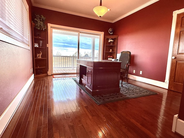 office featuring ornamental molding and dark wood-type flooring