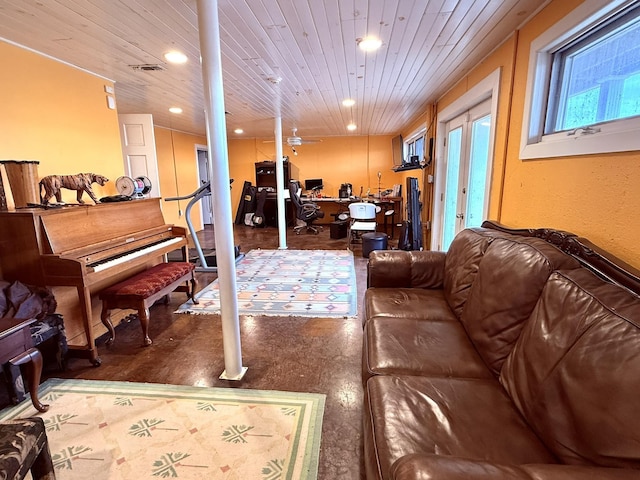 living room with wooden ceiling and french doors