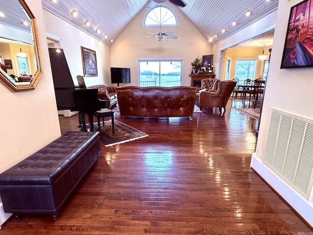 living room featuring high vaulted ceiling, dark hardwood / wood-style floors, wooden ceiling, and ceiling fan