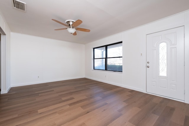 entrance foyer with wood-type flooring and ceiling fan