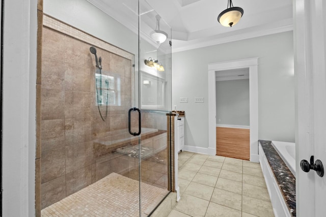 bathroom featuring tile patterned flooring, plus walk in shower, and crown molding