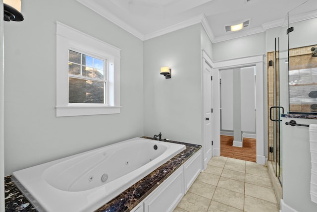 bathroom with ornamental molding, tile patterned floors, and plus walk in shower