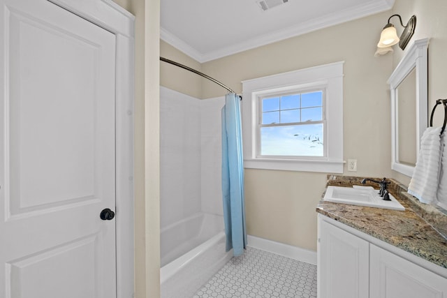 bathroom with vanity, ornamental molding, and shower / bath combo