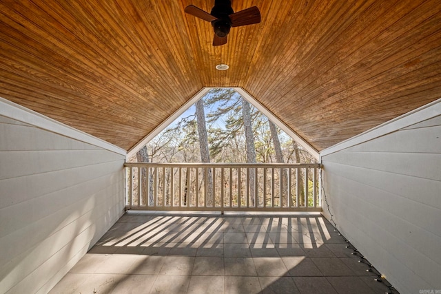 additional living space with vaulted ceiling, wooden walls, ceiling fan, and wood ceiling