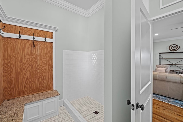 mudroom featuring crown molding