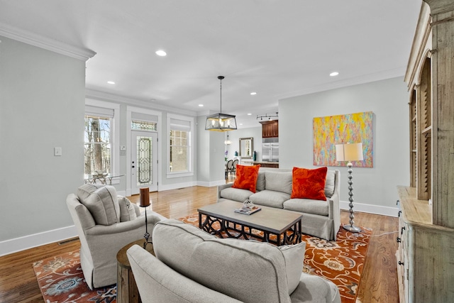 living room featuring ornamental molding and light wood-type flooring