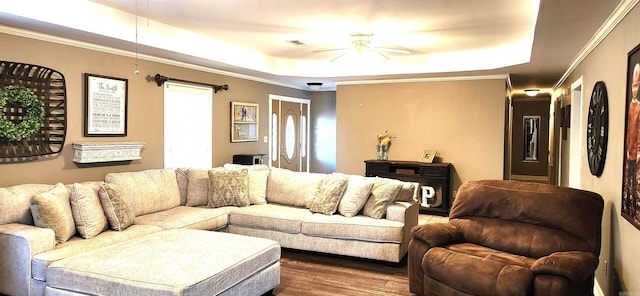 living room with a raised ceiling, ornamental molding, wood-type flooring, and ceiling fan