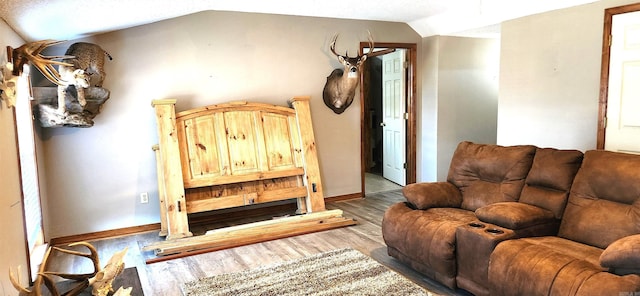 living area with lofted ceiling and hardwood / wood-style floors