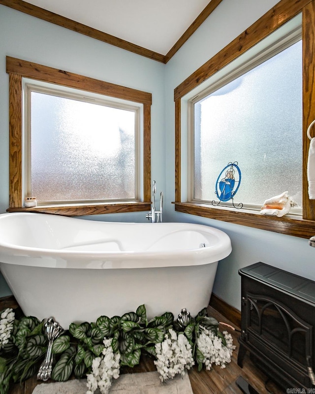 bathroom featuring ornamental molding, wood-type flooring, a wood stove, and a washtub