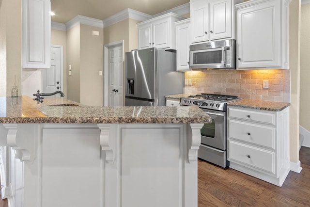 kitchen featuring white cabinetry, kitchen peninsula, stainless steel appliances, light stone countertops, and backsplash