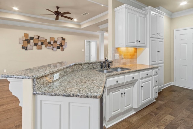 kitchen with sink, dark wood-type flooring, light stone countertops, and white cabinets