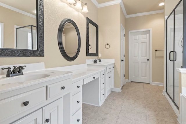 bathroom featuring tile patterned flooring, ornamental molding, vanity, and a shower with shower door