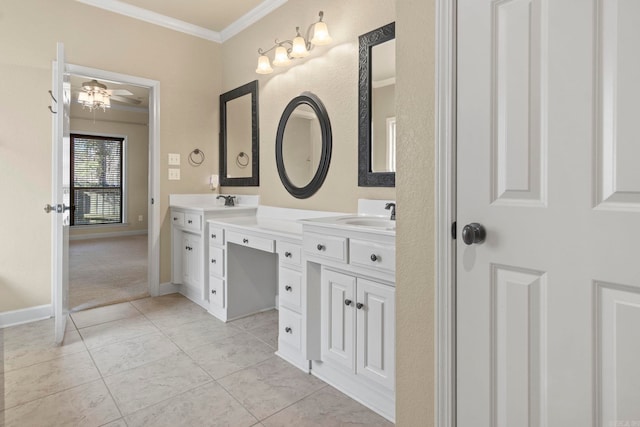 bathroom featuring tile patterned floors, ornamental molding, and vanity