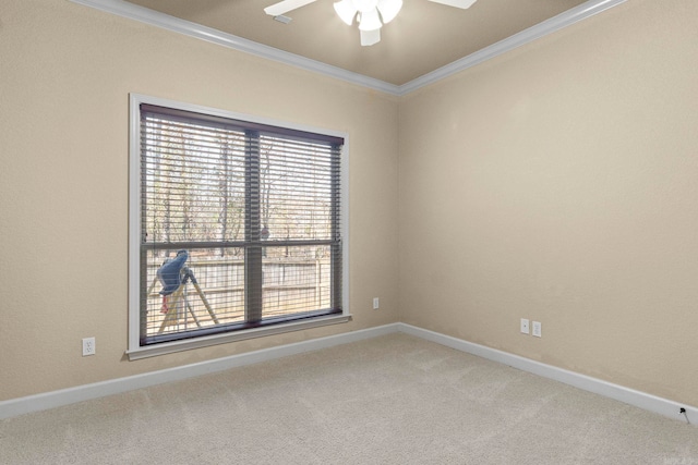 carpeted empty room featuring crown molding and ceiling fan