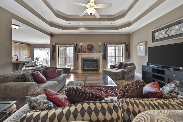 living room with a raised ceiling, ornamental molding, a wealth of natural light, and a tiled fireplace