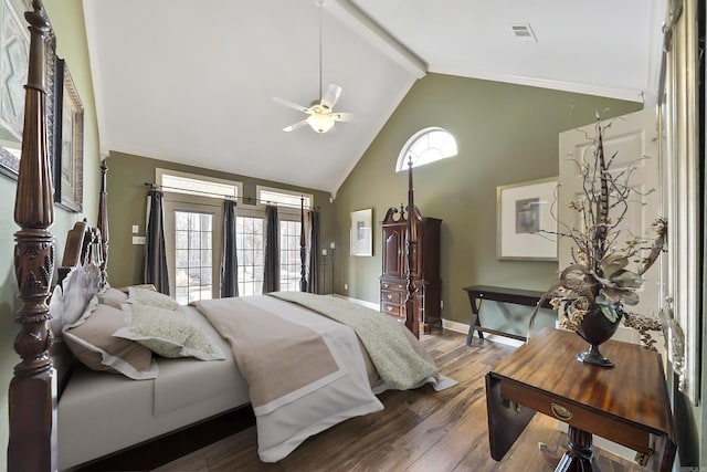 bedroom featuring hardwood / wood-style flooring, ceiling fan, high vaulted ceiling, and beamed ceiling