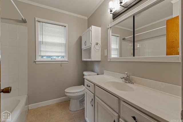 full bathroom featuring shower / bath combination, tile patterned flooring, vanity, ornamental molding, and toilet