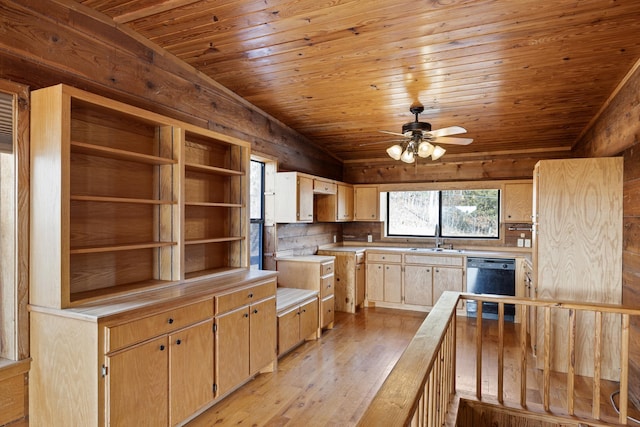 kitchen with lofted ceiling, sink, wood ceiling, light hardwood / wood-style flooring, and dishwasher