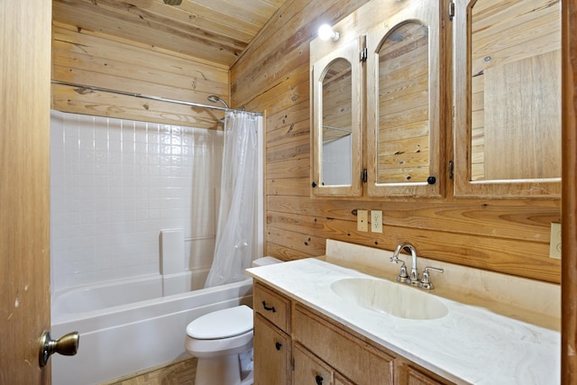 full bathroom with shower / bath combination with curtain, wood ceiling, toilet, and wood walls