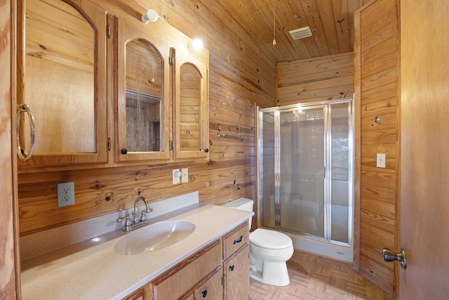 bathroom with a shower with door, wood ceiling, and wood walls