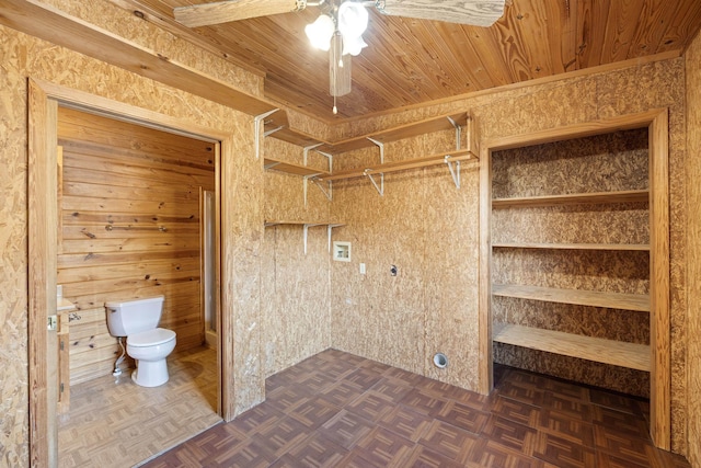 washroom with ceiling fan, wooden walls, dark parquet floors, and wooden ceiling