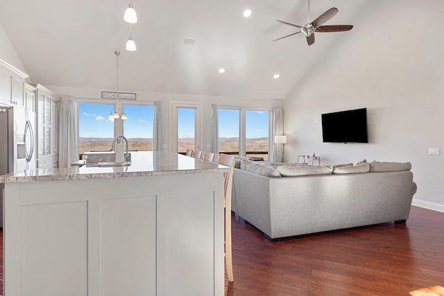 living room with high vaulted ceiling, plenty of natural light, dark hardwood / wood-style floors, and sink