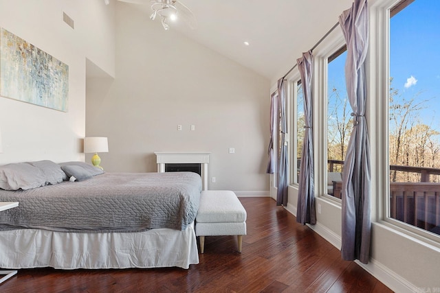 bedroom featuring lofted ceiling and dark hardwood / wood-style flooring