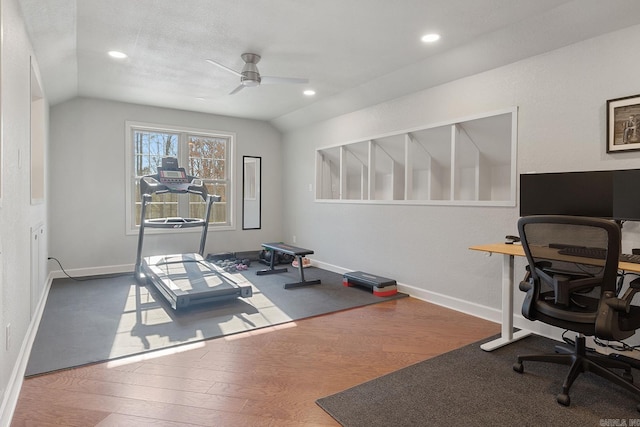 office with lofted ceiling, hardwood / wood-style flooring, and ceiling fan