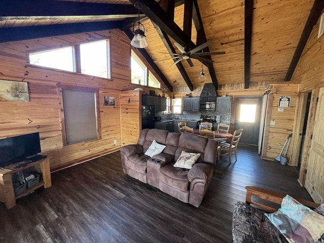 living room featuring beam ceiling, wood ceiling, dark hardwood / wood-style flooring, and wood walls