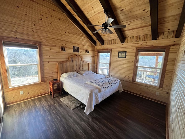 unfurnished bedroom featuring wood walls, wood ceiling, dark hardwood / wood-style flooring, beamed ceiling, and ceiling fan