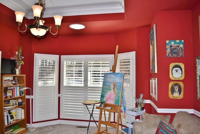 living area with a chandelier, carpet, and ornamental molding