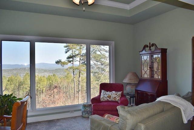 sitting room featuring ornamental molding, a tray ceiling, a mountain view, and carpet