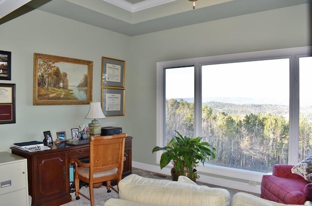 office space featuring baseboards and a wooded view