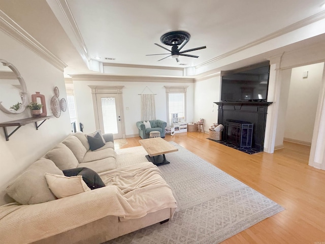 living room featuring a raised ceiling, wood-type flooring, and ornamental molding