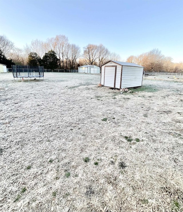 view of yard featuring a storage unit and a trampoline