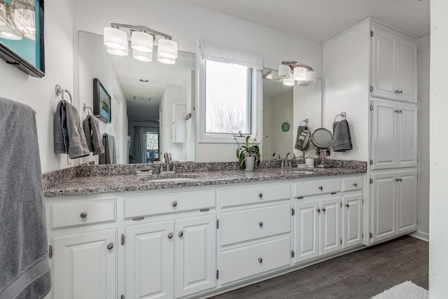 bathroom with vanity and hardwood / wood-style floors