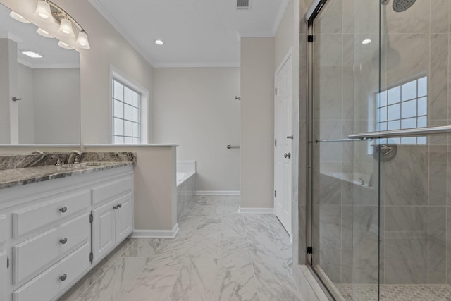 bathroom featuring vanity, ornamental molding, and independent shower and bath