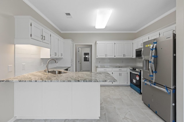 kitchen with tasteful backsplash, sink, white cabinets, kitchen peninsula, and stainless steel appliances