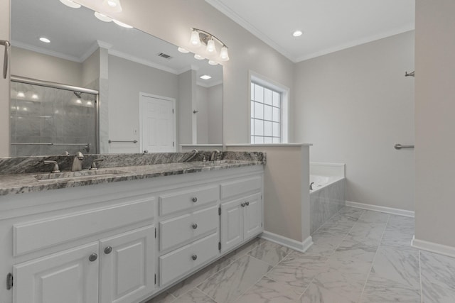 bathroom with vanity, ornamental molding, and independent shower and bath