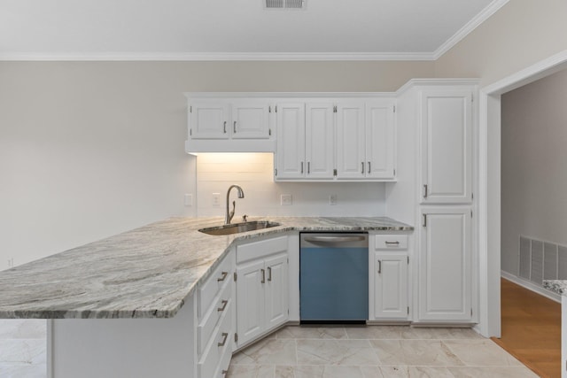 kitchen with sink, white cabinetry, crown molding, light stone counters, and dishwasher