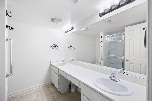 bathroom with tile patterned floors, vanity, toilet, and a shower with door