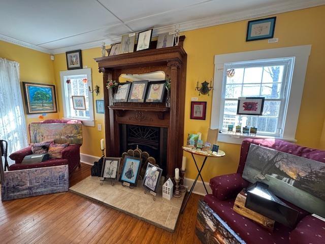 sitting room featuring crown molding and hardwood / wood-style floors