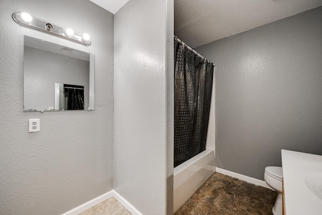 full bathroom featuring vanity, shower / bathtub combination with curtain, and toilet