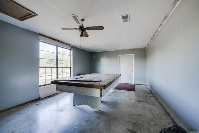 recreation room featuring ceiling fan, concrete flooring, and pool table