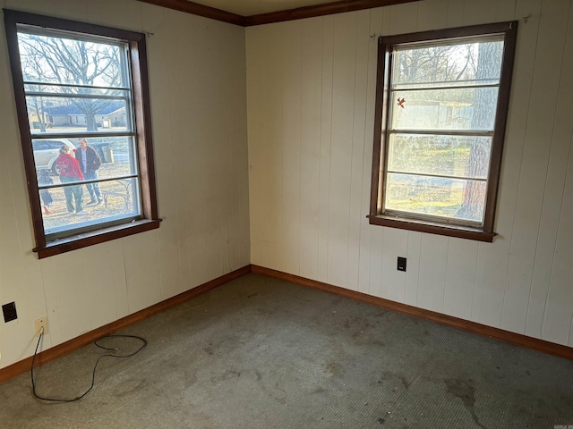 carpeted spare room with crown molding